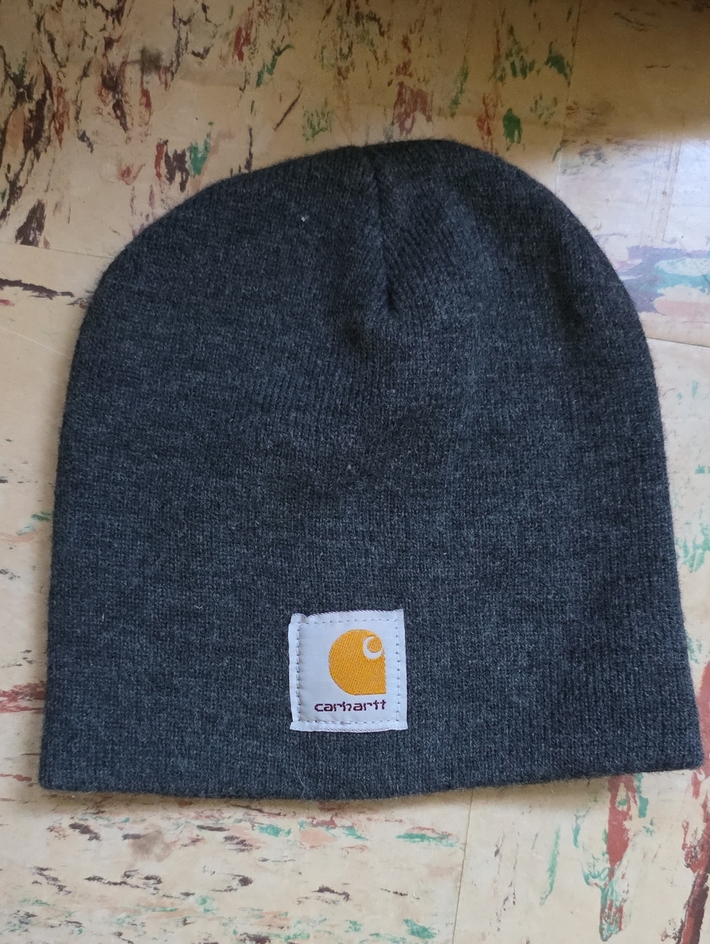 Carhartt Charcoal Knit Beanie with Yellow Logo Patch